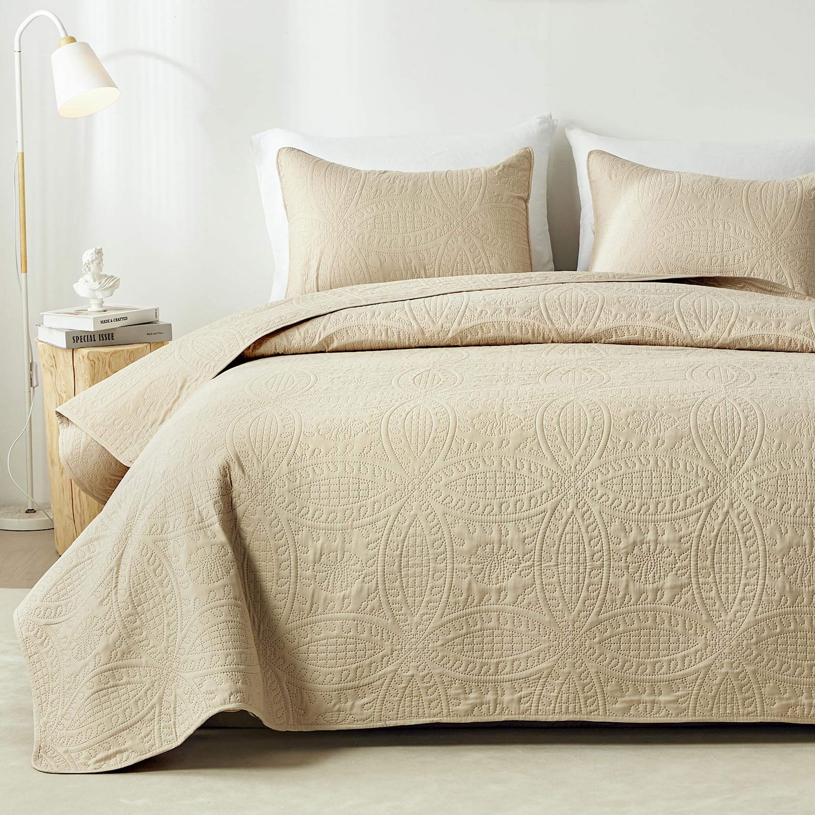 Akkialla Queen Quilt Bedding Set,Beige Ultrasonic Full/Queen Quilt Set,Lightweight Soft Bedspread Coverlet,Modern Style Coin Pat
